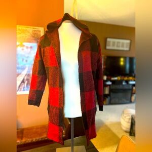 Cozy red buffalo plaid shawl sweater
